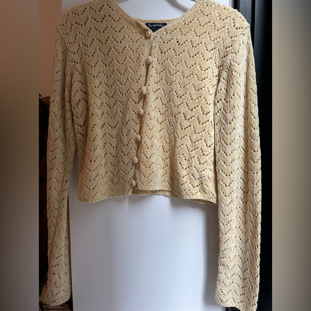 Vintage Pale Yellow Openwork Button-Front Cardigan